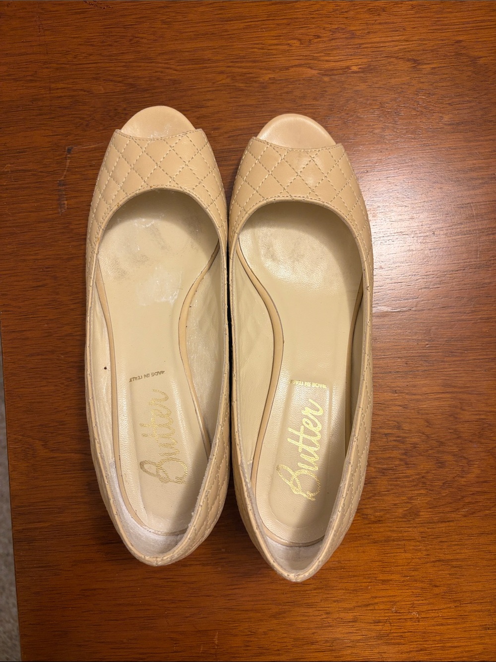Butter Quilted Peep-Toe Flats in Beige